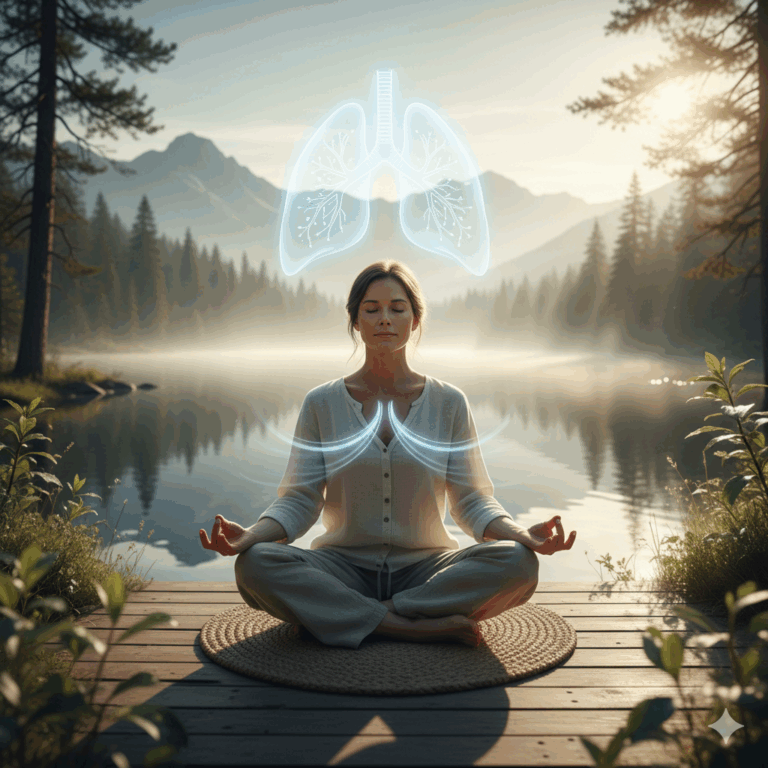 Femme en pleine séance de méditation respiratoire