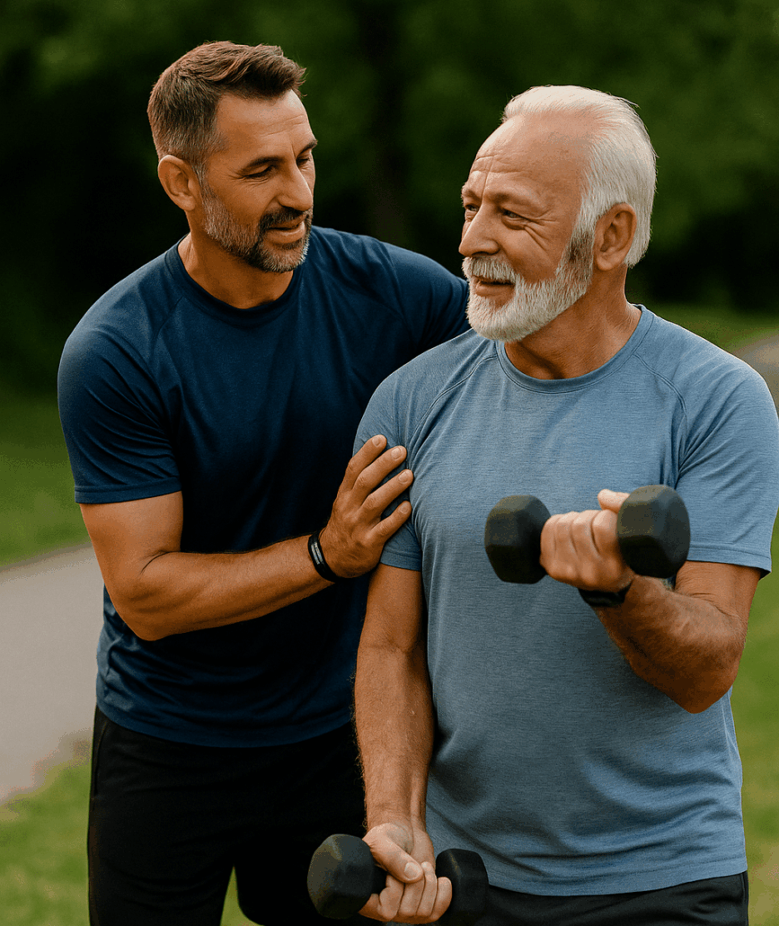 un coach et son client en séance sport santé.