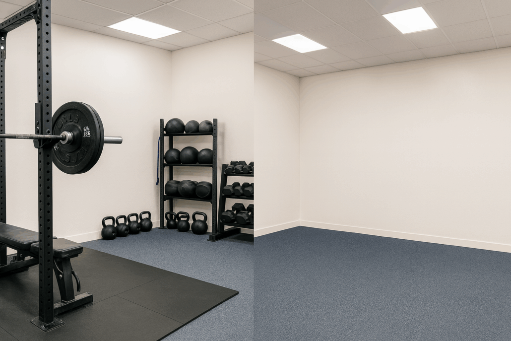 photo représentant une salle de sport avec du matériel et la même salle sans matériel