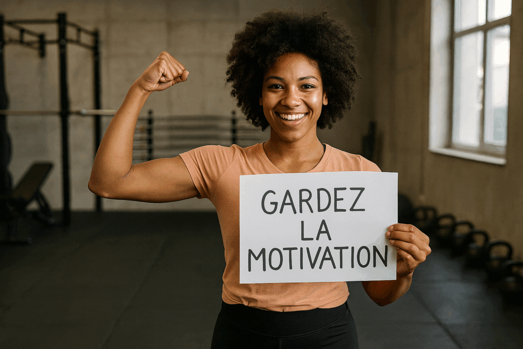 une femme avec une pancarte écrit dessus : " rester motivez "