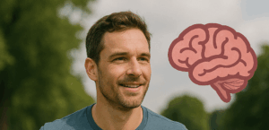 Jeune homme sportif en pleine activité physique. On voit également un cerveau qui représente la santé mentale