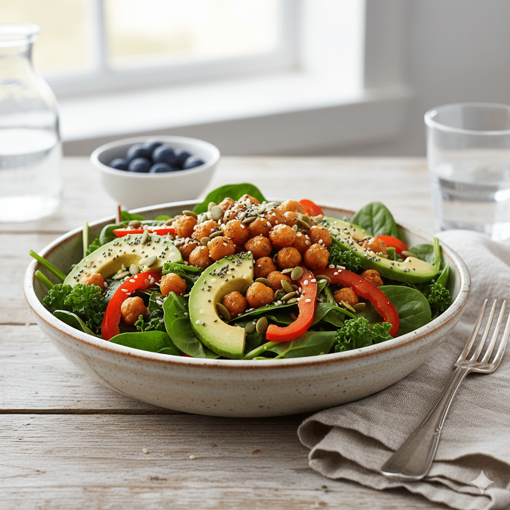 Salade composée riche en fibres avec pois chiches, avocat et légumes pour la santé du microbiome"