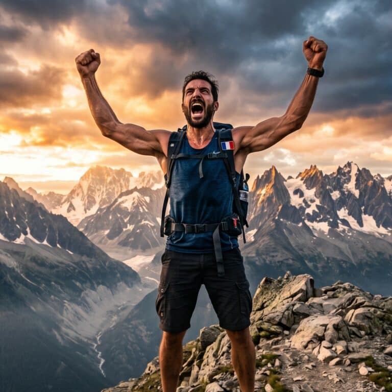 Homme au sommet d une montagne levant les bras de rage par motivation