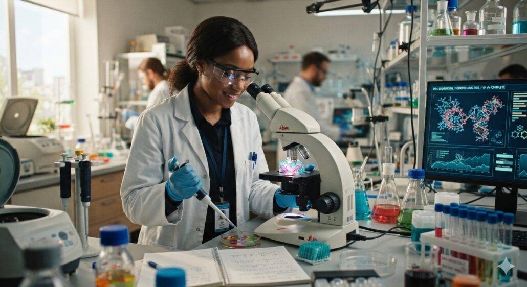 Femme en laboratoire illustrant la recherche scientifique sur la sarcopénie et la perte musculaire liée à l'âge