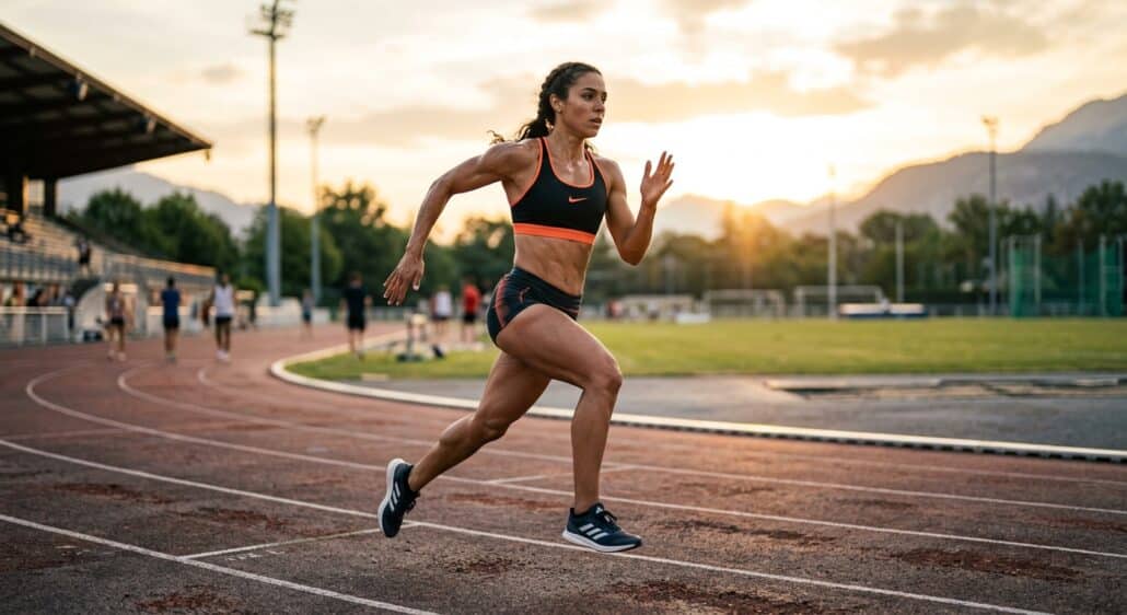 Femme courant sur une piste d'athlétisme, illustrant le rôle fonctionnel de la musculation après 50 ans